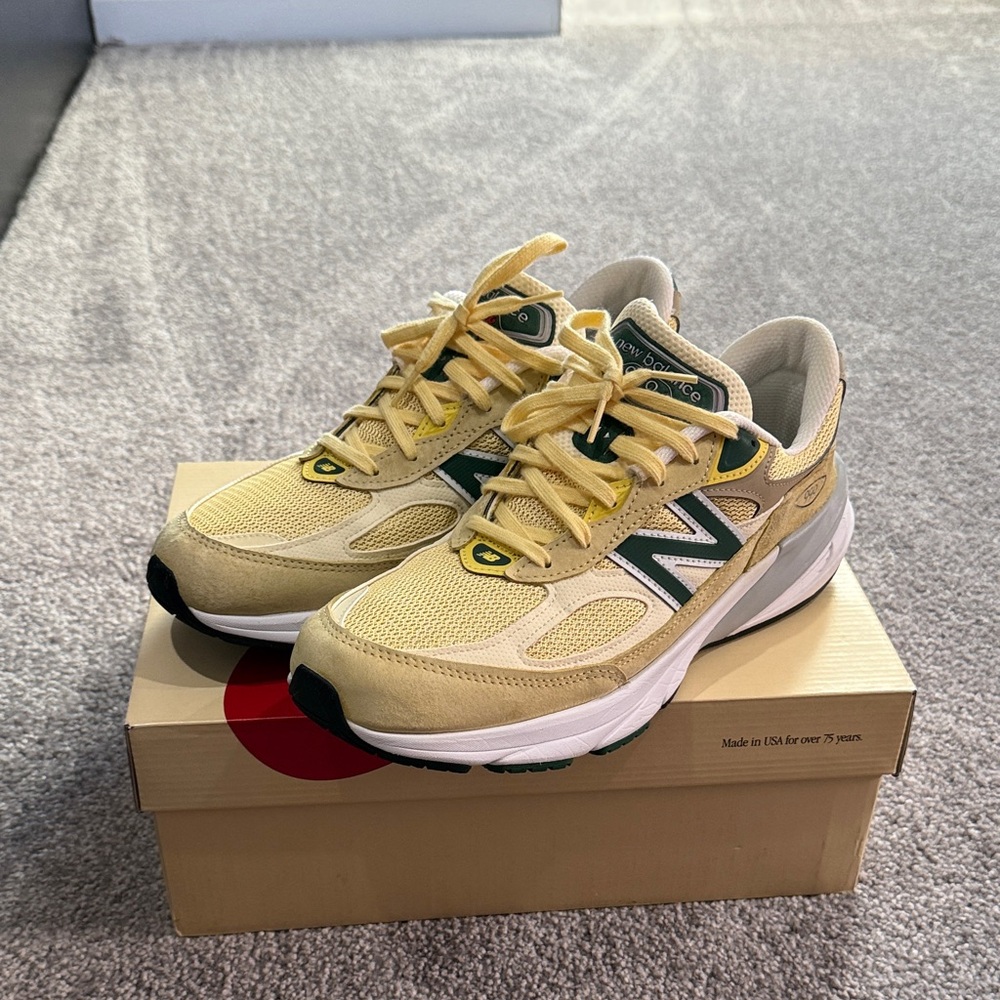 New Balance Cream and Green 990’s V6 Athletic Shoes